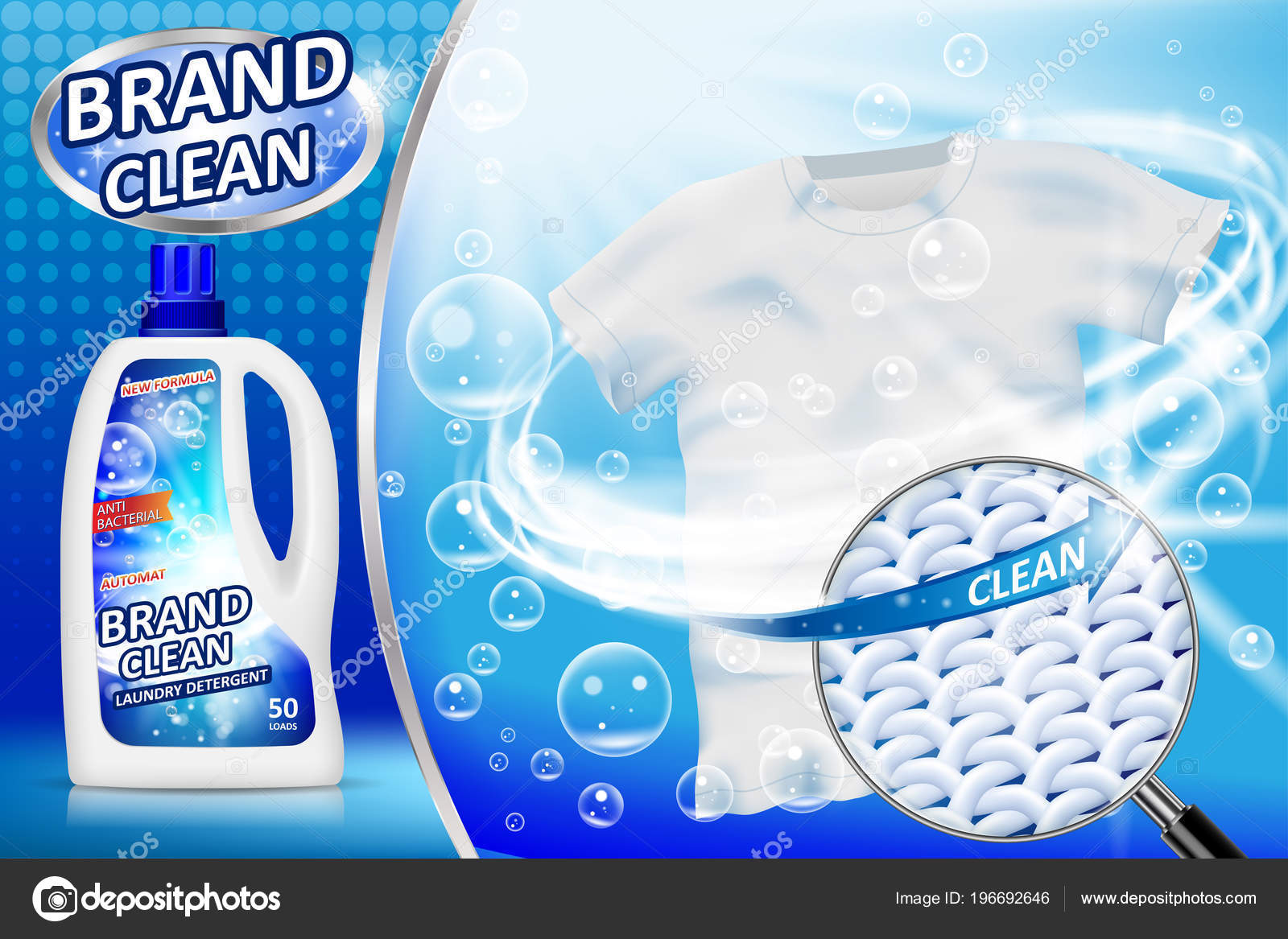 Laundry detergent ad poster. Stain remover package design for