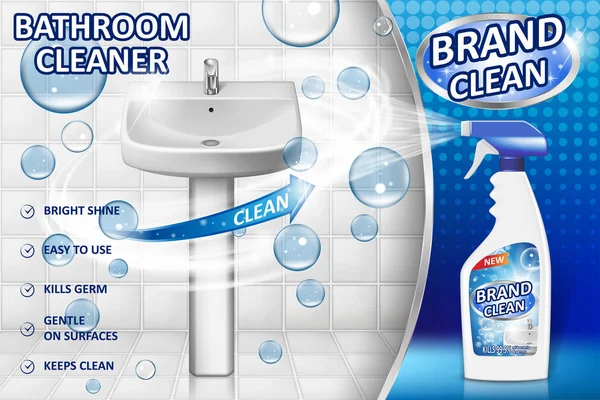 浴室清洁工广告海报, 喷雾瓶样机与液体洗涤剂的浴室水槽和卫生间的气泡和白色的背景。3d 矢量图示 — 图库矢量图片