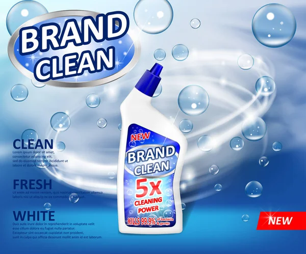 Gerçekçi Plastik Temizleyici konteyner reklam afişi. Sıvı deterjan sabun köpüğü ve girdap üzerinde mavi arka plan ile. Banyo ve tuvalet temizleyici. 3D vektör çizim