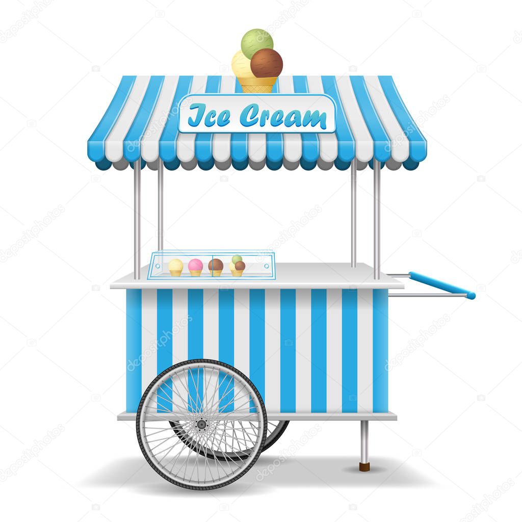 Realistic street food cart with wheels. Mobile pink ice cream market stall template. Ice cream kiosk store mockup. Vector illustration