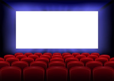 Cinema movie premiere poster design with empty white screen. Realistic cinema hall interior with red seats. Vector illustration. clipart