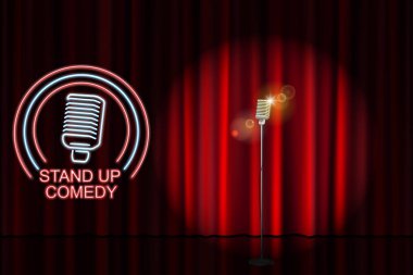 Neon mikrofon işaret ve kırmızı perde fon ile komedi ayağa kalk. Komedi gecelik gösteri veya karaoke partisi. Vektör çizim
