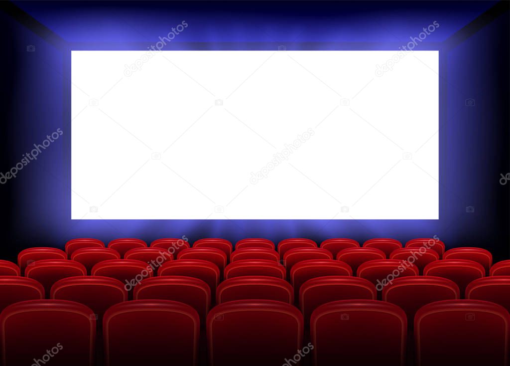 Cinema movie premiere poster design with empty white screen. Realistic cinema hall interior with red seats. Vector illustration.