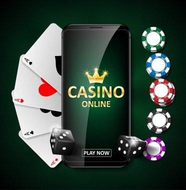 Online Internet casino pazarlama afiş. zar, poker fişleri ve iskambil ile telefon app. Web poker ve kumar casino oyunları oynamak. Vektör çizim