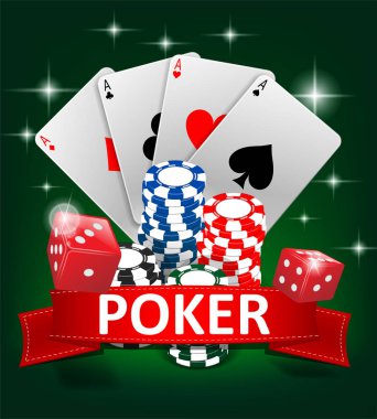 Casino Poker kumar arka plan tasarımı. Cips, iskambil ve zar ile poker banner. Yeşil arka plan online Casino Banner. Vektör çizim.