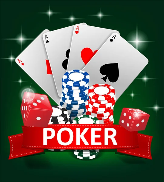Casino Glücksspiel Poker Hintergrunddesign. Pokerbanner mit Chips, Spielkarten und Würfeln. Online Casino Banner auf grünem Hintergrund. Vektorillustration. — Stockvektor