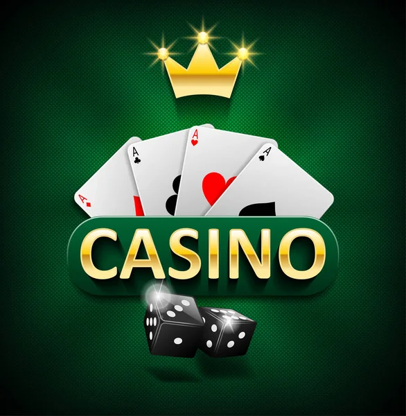 Casino marketing banner met dobbelstenen en poker kaarten op groene achtergrond. Jackpot spelen en gokken casino spellen ontwerp. Vectorillustratie — Stockvector