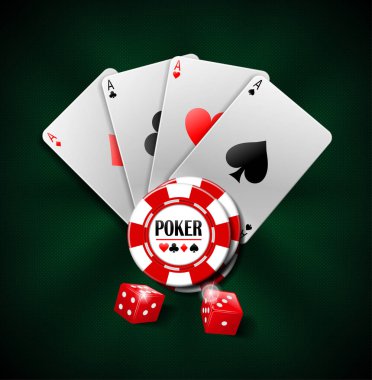 Casino Poker kumar arka plan tasarımı. Cips, iskambil ve zar ile poker banner. Yeşil arka plan online Casino Banner. Vektör çizim.