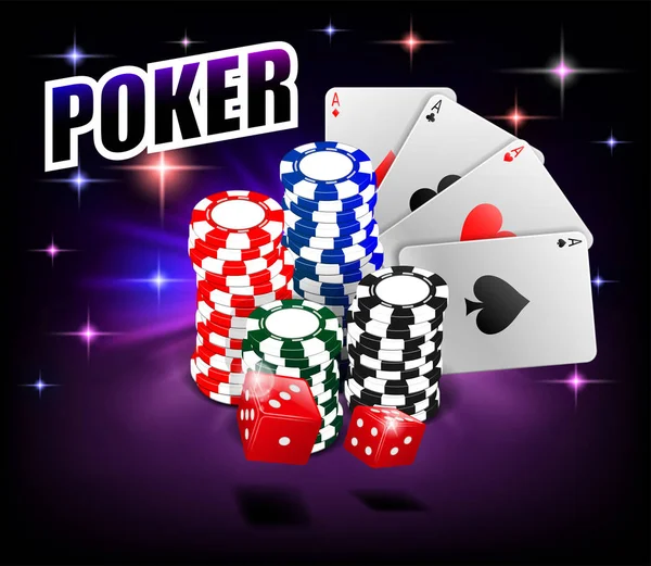 Casino Poker kumar arka plan tasarımı. Cips, iskambil ve zar ile poker banner. Online Casino Banner parlak arka plan üzerinde. Vektör çizim. — Stok Vektör