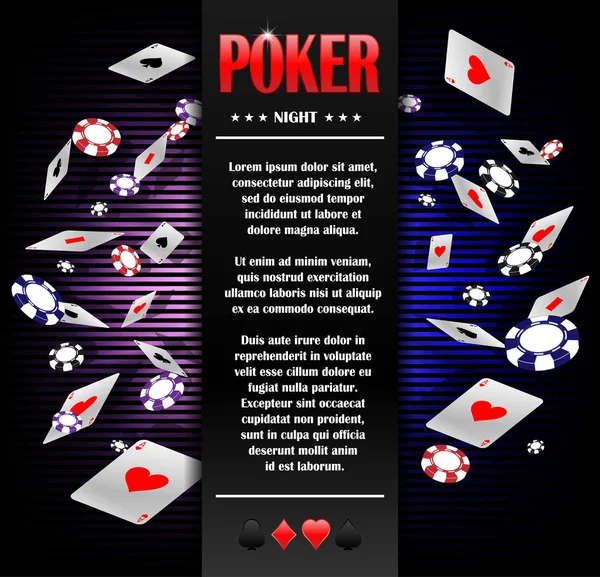 Καζίνο τυχερά παιχνίδια πόκερ φόντο αφίσα πρότυπο σχεδίασης. Πρόσκληση πόκερ παίζοντας κάρτες με τσιπ. Σχεδίαση online παιχνίδι καζίνο. Εικονογράφηση διάνυσμα. — Διανυσματικό Αρχείο