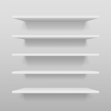 Boş beyaz dükkanı veya sergi raf, perakende beyaz mockup temizleyelim. Gerçekçi vektör bookshelf ile duvar, 3d Bookshelf mağaza veya mağaza gölge illüstrasyon vektör