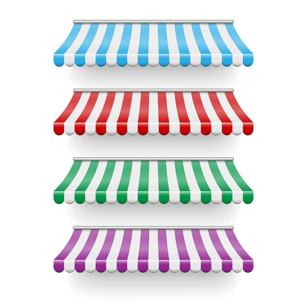 Realistic shop awning tents set. Outdoor market canopy roof for cafe, store front and shop. Tent sunshade for window, colored striped roof isolated. vector Illustration