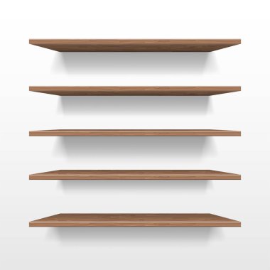Boş tahta dükkanı veya sergi raf, perakende izole mockup temizleyelim. Gerçekçi ahşap kitaplık ile duvar, 3d Bookshelf mağaza veya mağaza gölge illüstrasyon vektör