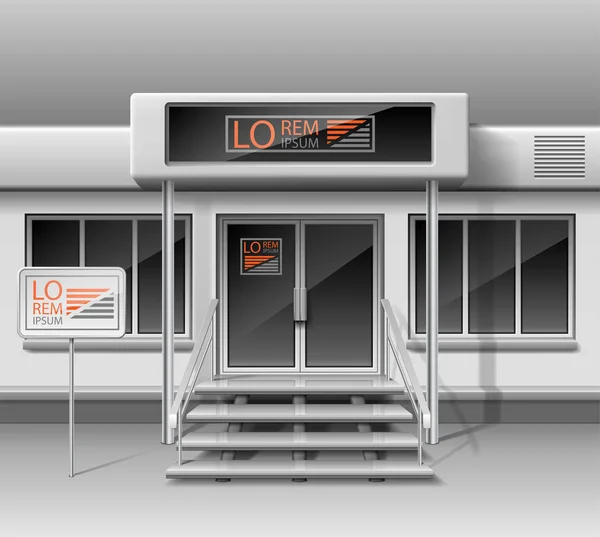 Modèle pour la publicité 3d magasin façade avant. Boutique extérieure pour l'identité d'entreprise. Modélisation vierge de vitrine et extérieur élégant de magasin de rue. Illustration vectorielle — Image vectorielle