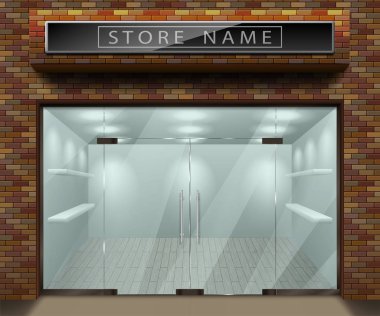 Reklam 3d mağaza ön cephesi ile kırmızı tuğla için şablon. Dış boş dükkan veya saydam pencere ile butik. Boş mockup şık cam sokak Shop. Vektör çizim