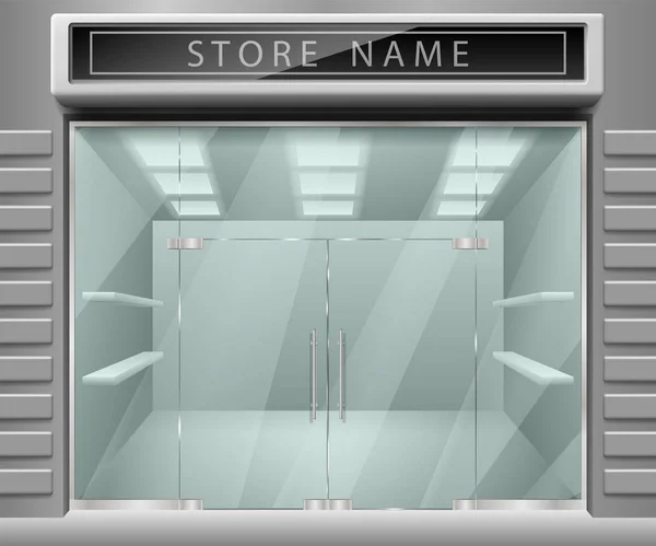 Template for advertising 3d store front facade. Realistic Exterior horizontal empty shop with Shelves. Blank mockup of stylish glass street shop exterior. Vector illustration — Stock Vector