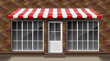 Tuğla küçük 3d mağaza ön cephesi şablon tente ile. Dış boş dükkan veya butik büyük pencereli. Boş mockup şık gerçekçi sokak Shop. Vektör çizim