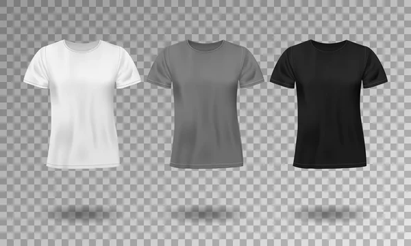 T-shirt masculina realista preta, branca e cinza com mangas curtas. Modelo de camiseta em branco isolado. Projeto da camisa do homem de algodão. Ilustração vetorial —  Vetores de Stock