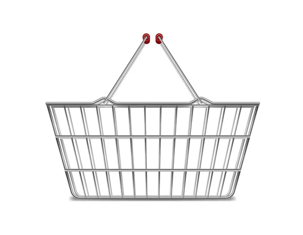 Realista metal vacío cesta de la compra del supermercado vista lateral aislado en blanco. Cesta carrito de mercado en venta con asas. ilustración vectorial — Vector de stock