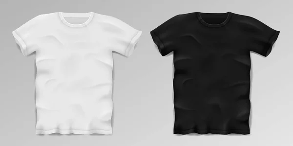 T-shirt masculina realista preto e branco. Modelo de camiseta esportiva em branco isolado. Projeto da camisa do homem de algodão. Ilustração vetorial —  Vetores de Stock