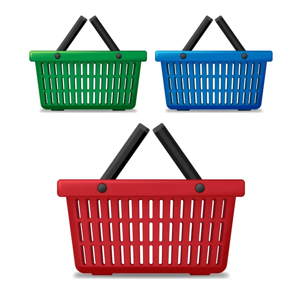 Realistyczne czerwony, niebieski i zielony pusty koszyk na białym tle supermarket. Koszyka rynku na sprzedaż z uchwytami. ilustracja wektorowa — Wektor stockowy