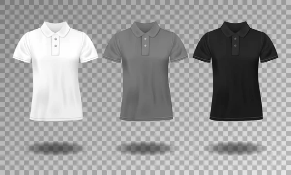 Plantilla de diseño de camiseta de polo masculino delgado realista negra, blanca y gris. Conjunto de camisetas de manga corta para deporte, polo clásico masculino. Ilustración vectorial — Vector de stock