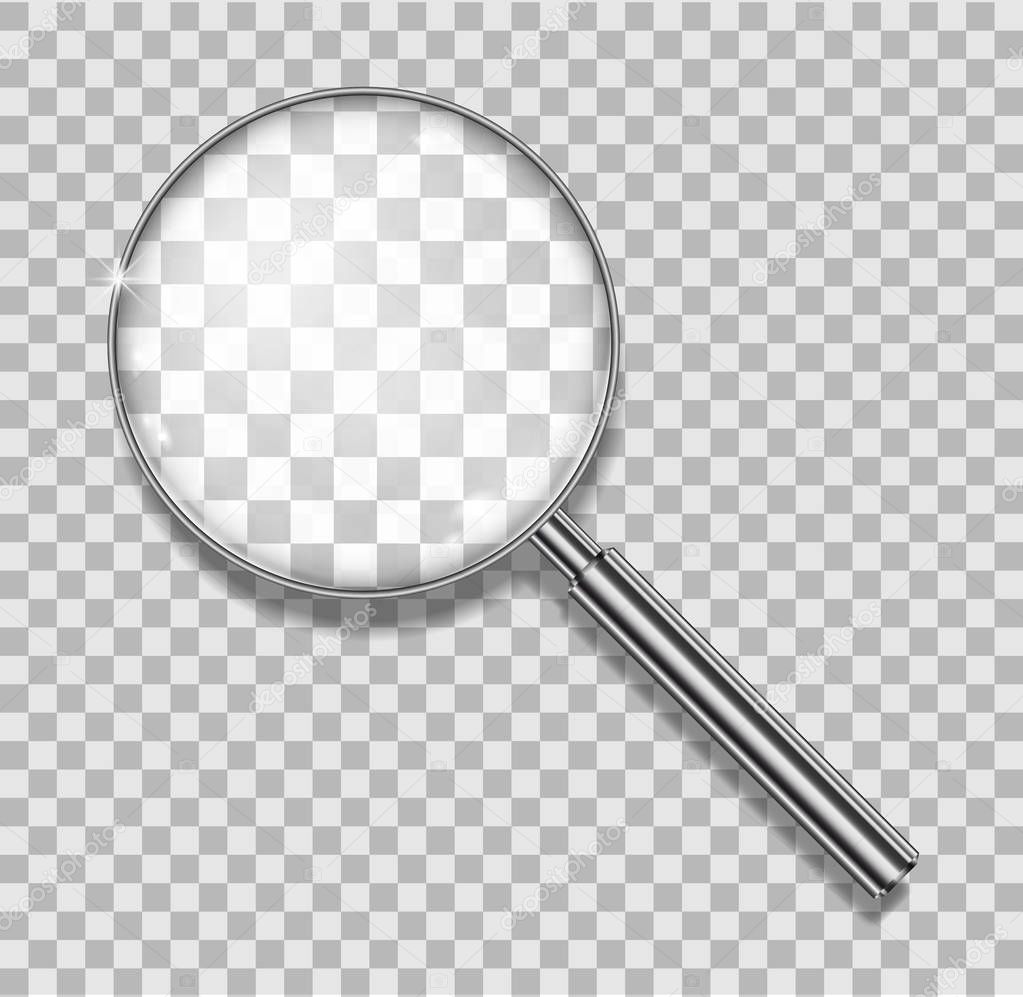Magnifying glass with steel frame isolated. Realistic Magnifying glass lens for zoom on transparent background. 3d magnifier loupe vector illustration