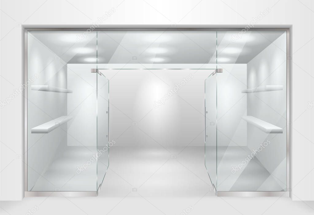 Template for Glass showcase or boutique. store front facade with window showcase. Design of exhibition stand or empty shop exterior. Vector illustration