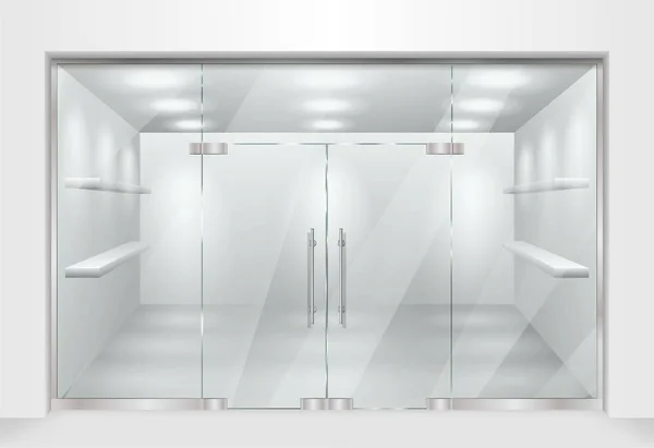 Reklam 3d mağaza ön cephe için şablon. Raflar ile dış yatay boş dükkanı. Boş mockup şık cam sokak Shop. Vektör çizim Eps 10