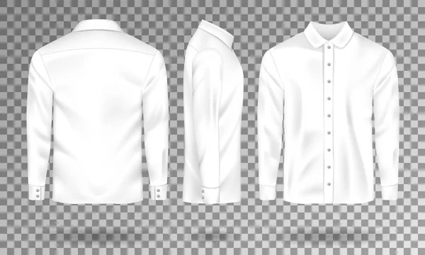 Plantilla de camisa masculina en blanco. Camisa de hombre realista con manga larga frontal, lateral, vista trasera. Camisa blanca de algodón aislada. Ilustración vectorial — Archivo Imágenes Vectoriales