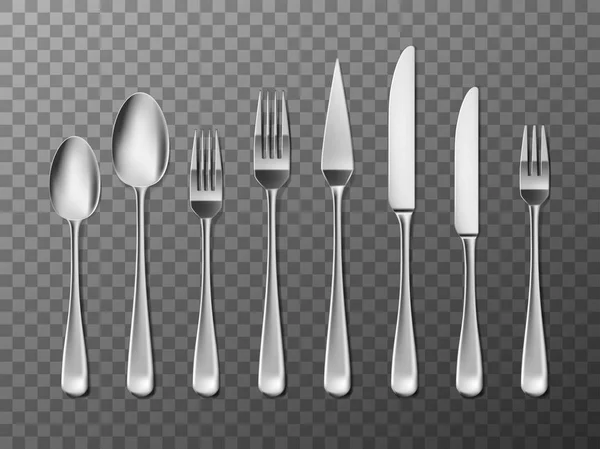 Steel Cutlery, knife, fork and spoon in realistic style. Cutlery set design isolated. Vector illustration — Stock Vector