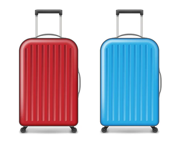 Realistic red and blue large travel plastic suitcase. polycarbonate suitcase with wheels isolated on white. Traveler luggage bag design concept. vector illustration — Stock Vector