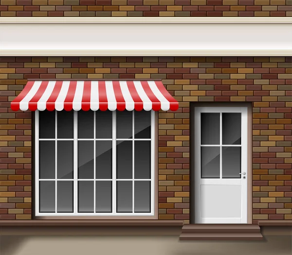 Brick small 3d store or boutique front facade. Exterior boutique shop with big window. Blank mockup of stylish realistic street shop. Vector illustration — Stock Vector