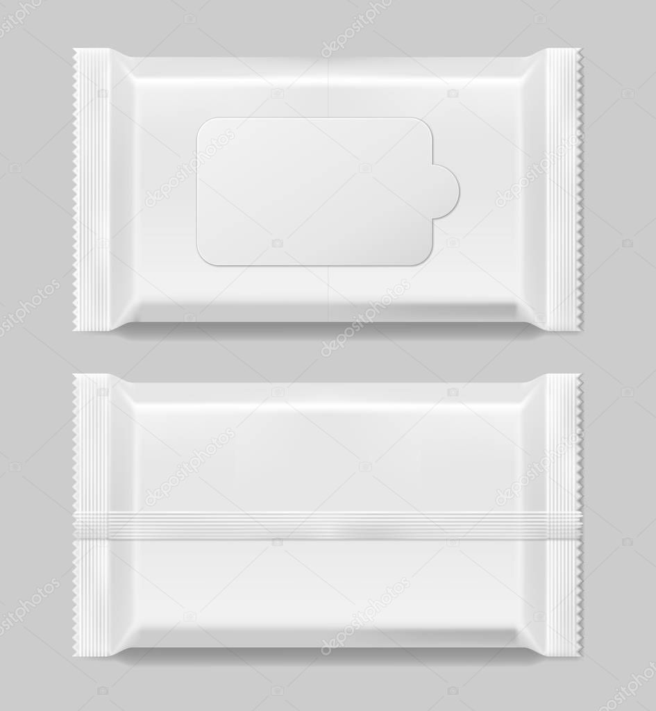 Wet wipes napkins template front and vack view isolated. White wet wipes blank package. Vector illustration