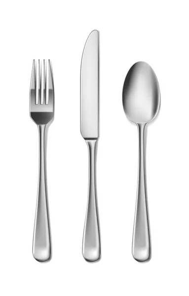 Posate, coltelli, forchette e cucchiai in acciaio in stile realistico. Forchetta e cucchiaio design isolato su bianco. Illustrazione vettoriale — Vettoriale Stock