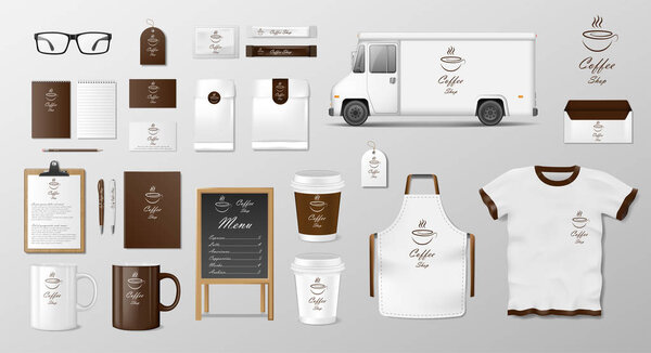 Mockup set for coffee shop, cafe or restaurant. Coffee food package for corporate identity advertising design. Realistic set of cardboard, envelope, cup, pack, shirt, menu and van