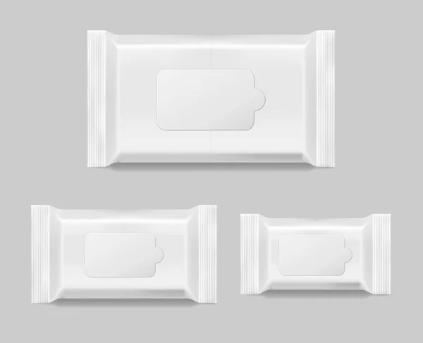 Satz Feuchttücher Servietten Vorlage isoliert. weiße Feuchttücher leere Verpackung. Vektorillustration — Stockvektor