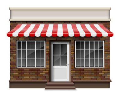 Tuğla küçük 3d mağaza veya butik ön cephe. Pencere ile dış butik mağazası. Mockup izole gerçekçi sokak Shop. Vektör çizim