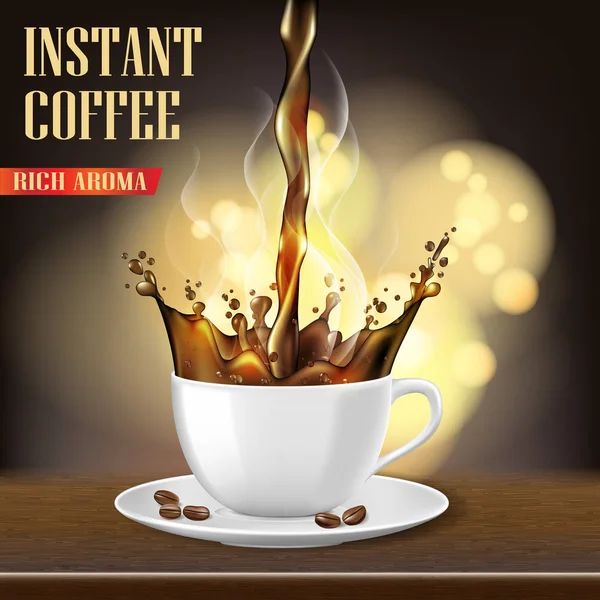Aroma siyah Arabica kahve Kupası ve fasulye reklamları tasarımı. sıcak kahve kupa ürün üzerinde arka plan bulanık 3D Illustration. Vektör — Stok Vektör