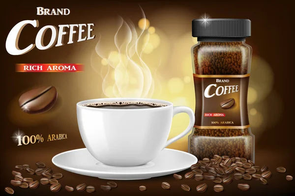 Siyah hazır kahve Kupası ve fasulye reklamlar tasarlayın. sıcak kahve kupa ürün bokeh arka plan ile 3D Illustration. Vektör — Stok Vektör