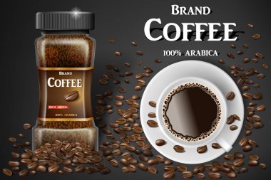 Siyah hazır kahve Kupası en iyi görünüm ve fasulye reklamlar. sıcak kahve kupa 3D Illustration. Ürün tasarımı bokeh arka plan ile. Vektör