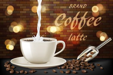 Süt sıçrama ve fasulye reklamlarla fincan sütlü kahve. sıcak kahve kupa 3D Illustration. Ürün retro tasarımı bokeh ve tuğla arka plan ile. Vektör