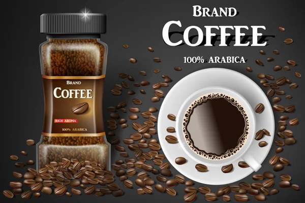 Siyah hazır kahve Kupası en iyi görünüm ve fasulye reklamlar. sıcak kahve kupa 3D Illustration. Ürün tasarımı bokeh arka plan ile. Vektör — Stok Vektör
