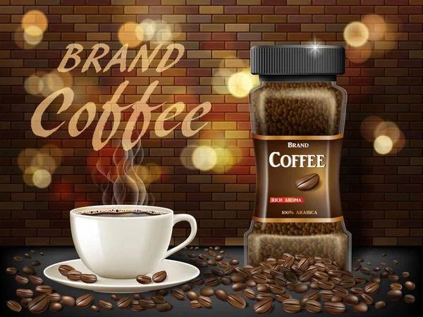 Reklamları ile fasulye fincan siyah Arabica kahve. sıcak kahve kupa 3D Illustration. Ürün retro tasarımı bokeh ve tuğla arka plan ile. Vektör
