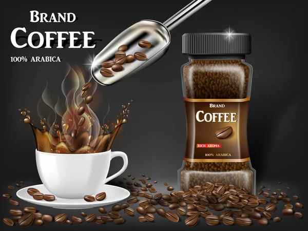 Sıçrama ve fasulye reklamları ile siyah hazır kahve Kupası. sıcak kahve kupa 3D Illustration. Ürün tasarımı bokeh arka plan ile. Vektör