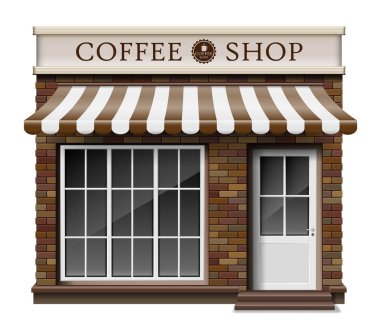 Dış kahve butik dükkanı veya kafe tuğla doku. Boş mockup sokak şık gerçekçi coffee shop. Küçük 3d mağaza ön cephe. vektör çizim