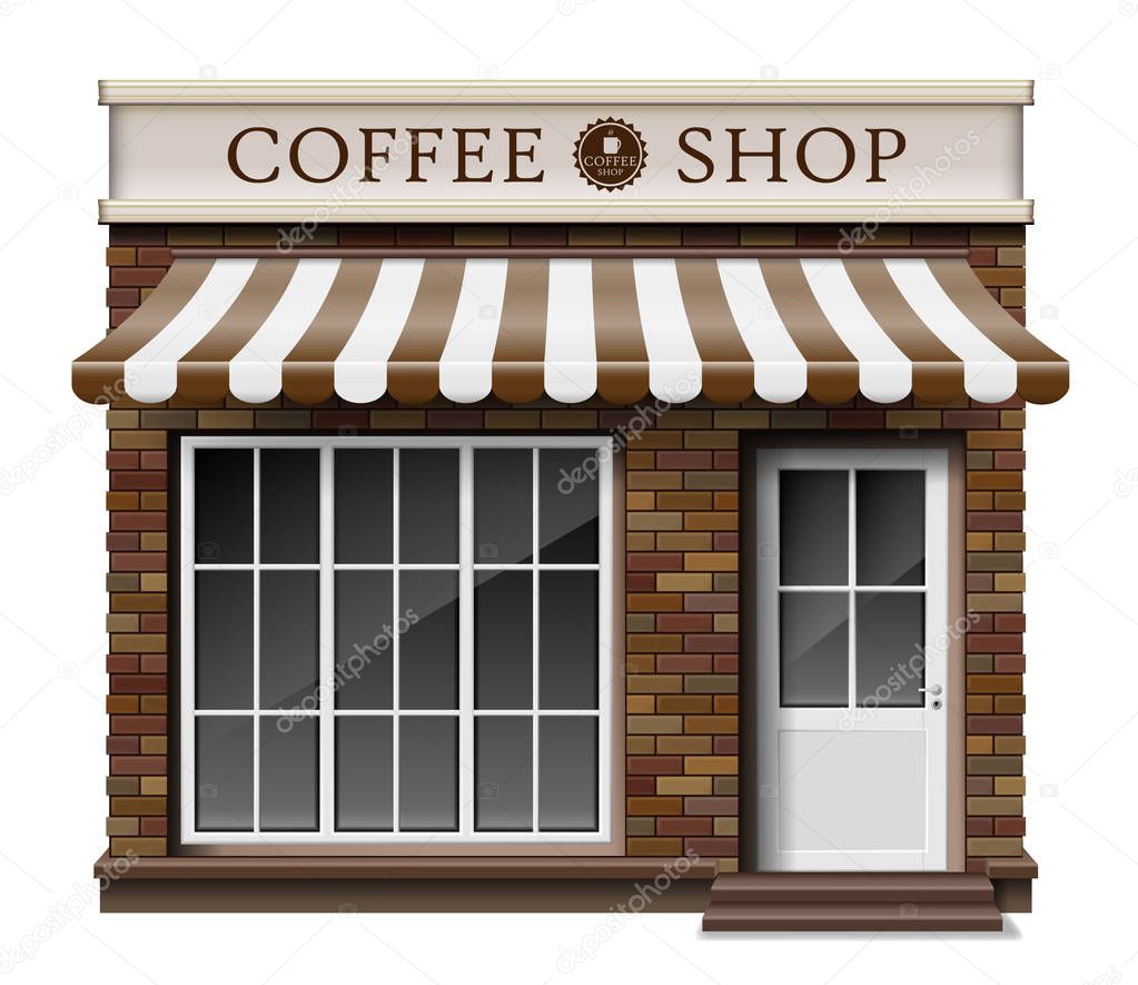Exterior coffee boutique shop or cafe brick texture. Blank mockup of stylish realistic coffee street shop. Small 3d store front facade. vector illustration EPS 10