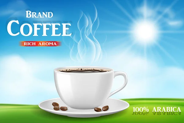 Hazır kahve reklam, kahve fincanı güneşli sabah ve yeşil çim arka plan, bokeh ile ürün siyah kahve tasarımı ile. 3D çizim — Stok Vektör
