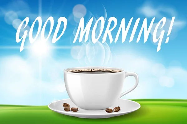 Bom dia belo dia com xícara de café. Manhã ensolarada com bebida quente na grama verde no fundo do céu azul. ilustração vetorial — Vetor de Stock