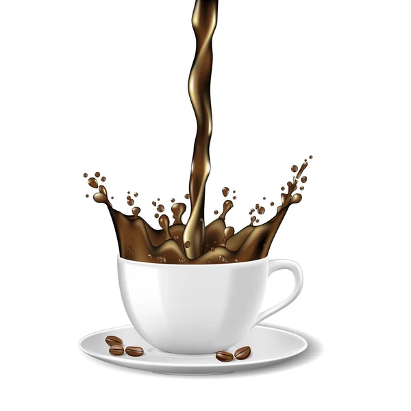 Cangkir kopi instan hitam dan desain iklan kacang. Cangkir kopi panas dengan percikan diisolasi pada putih. Ilustrasi vektor 3d - Stok Vektor